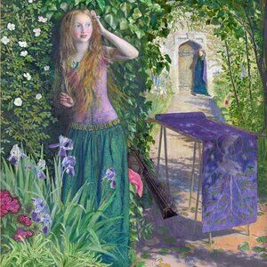 FAIR ROSAMUND Art Print: 8"by10" Reproduction. Garden w/ Purple Irises & Ivy